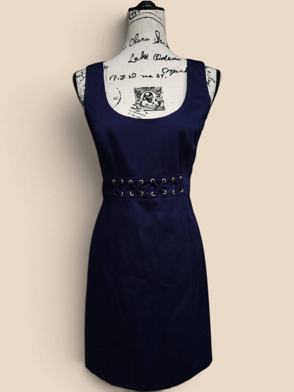 Laundry by Design Navy Grommet Empire Waist Sheath Dress Stretch Cotton Size 6